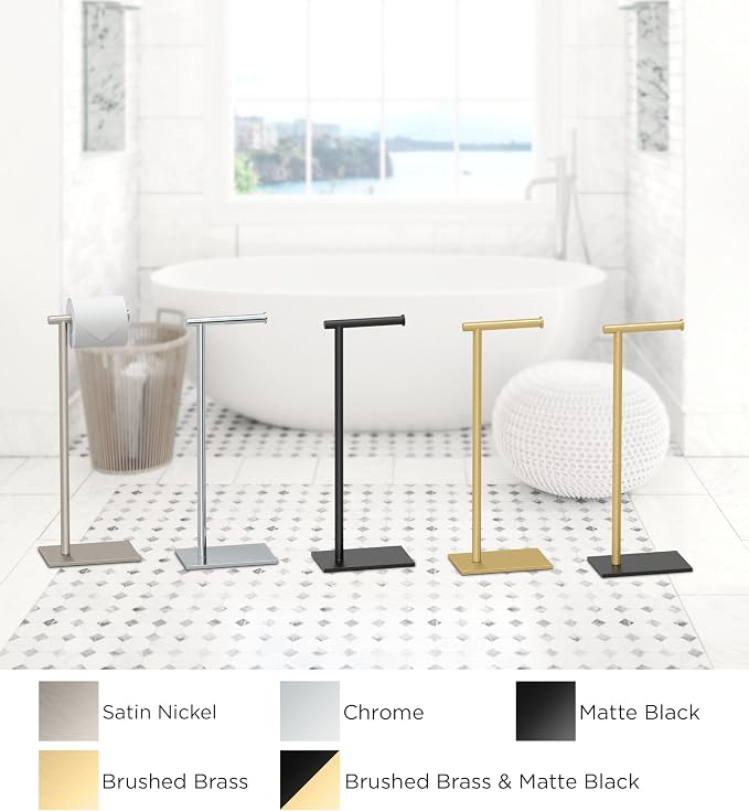 Gatco 1431MXB Modern Rectangle Base Freestanding Toilet Paper Holder, Matte Black/Brushed Brass, Weighted Base, 21.25" Bathroom Tissue Stand