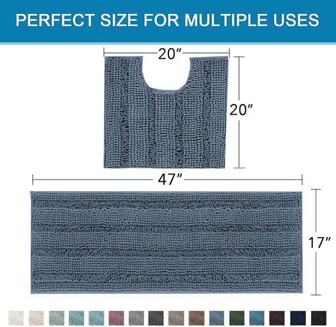 H.VERSAILTEX Bathroom Rug Sets 2 Piece Bath Mats Non Slip Thick Soft Chenille Striped Bath Rug achine Washable Shower Floor Rugs for Tub, Shower and Floor (Blue Indigo, 47"x17" Plus 20"x20" U)