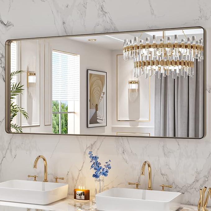 LOAAO 60"X28" Bronze Bathroom Mirror | Rounded Rectangle, Brushed Bronze Metal Frame, Anti-Rust, Tempered Glass, Hangs Horizontally or Vertically