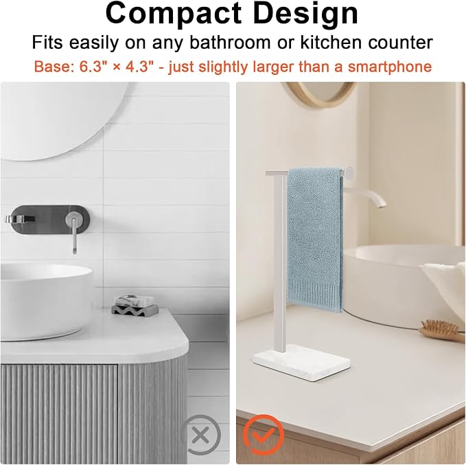 Hand Towel Holder Stand, 14.5" Hand Towel Rack with Weighted Marble Base, 304 Stainless Steel L-Shape Standing Towel Bar for Vanity Bathroom Kitchen Countertop (Brushed Nickel)