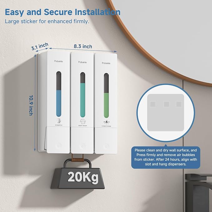 Shampoo and Conditioner Dispenser - Shower Soap Dispenser Wall Mounted No Drill - Shampoo Conditioner Body Wash Dispenser 3 Chamber - Easy Install for Bathroom Hotel White 1200ml