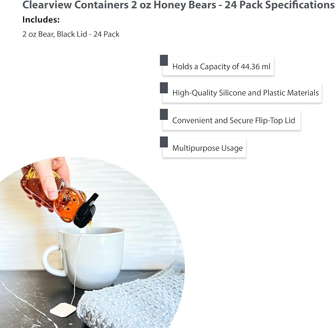 2 Ounce Honey Bears with Sealable Black Screw Top Lid - 24 Pack (2 oz. Bear, 24pk, Black)