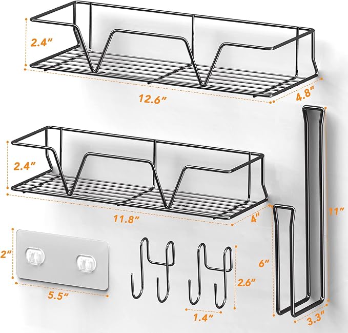 Shower Caddy Organizer Shelf with Paper Towel Holder, Adhesive Black Bathroom Storage Basket with Hooks, Rustproof Stainless Steel Kitchen Spice Racks, No Drilling Wall Mount, 3 Pack