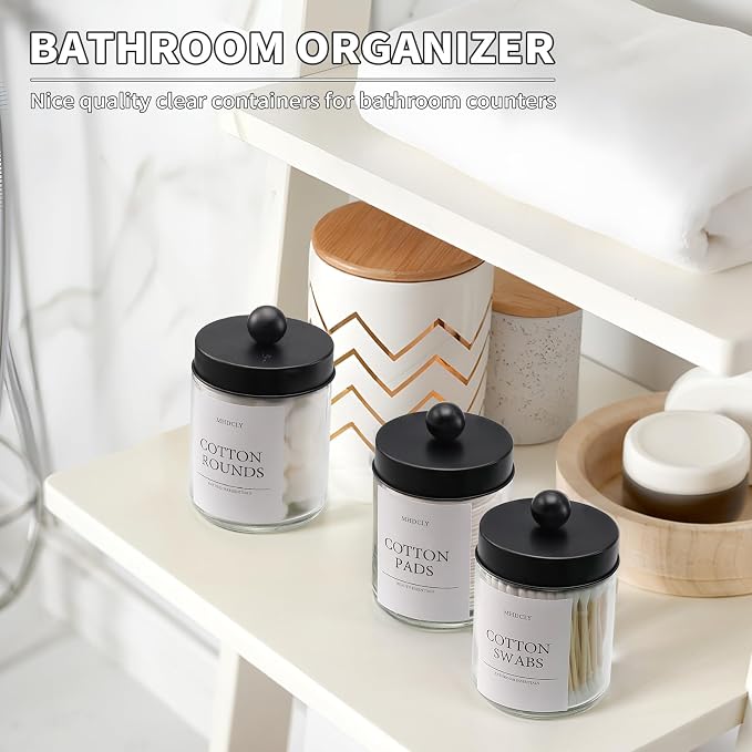 Bathroom Organizers and Storage,4 Pack,48 oz Total,Bathroom Accessories,Bathroom Decor,Bathroom Storage and Organization,Qtip Holder for Room Decor Aesthetic (Black lids)