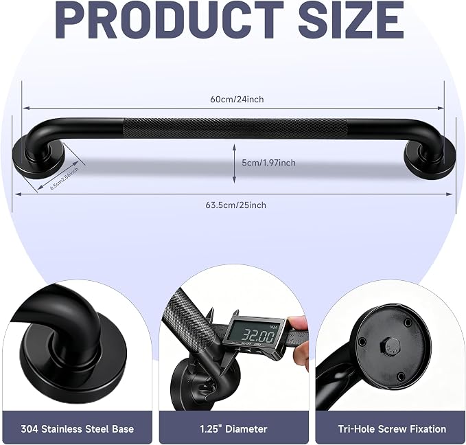24 Inch Black Shower Grab Bar, XIANTHUS 1.25" Dia Anti Slip Safety Bars, 304 Stainless Steel Bathroom Handicap Grab Bars Handrail for Wall, Shower Grip Handle for Seniors Elderly Injury Assist Bath
