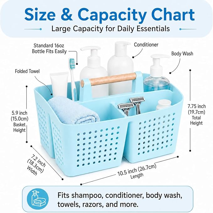 Portable Shower Caddy Basket with Wood Handle, 3-Compartment Bathroom Organizer Tote with Drain Holes, Plastic Shower Basket for Dorm, Toiletries, Cleaning Supplies, Light Blue