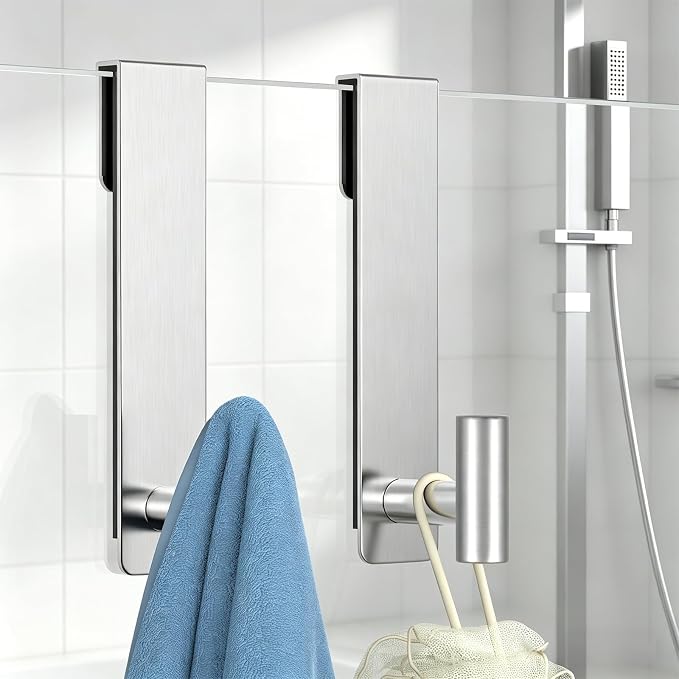 HUFEEOH Shower Towel Hooks, 7.5-Inch Extended Over Glass Shower Door Hanger for Towels & Robes, Rustproof Bathroom Towel Rack, 2-Pack (Silver, T Shape)