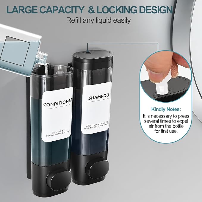 Shampoo Conditioner Shower Soap Dispenser 2 Chamber Wall Mount Black | Refillable. Leakproof 600ml. No-Drill Wall Mount. Soap, Shampoo, Conditioner, Body Wash, Shower Gel, Bathroom Set. BPA-Free.