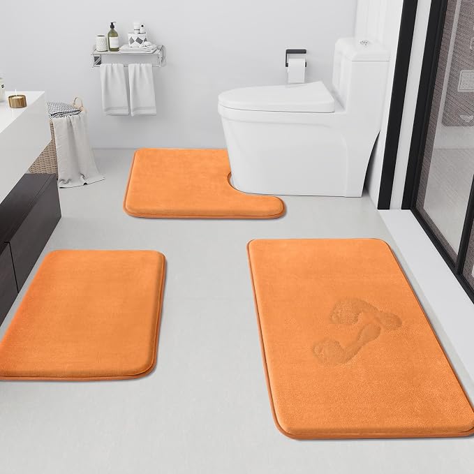 Bathroom Rugs Sets 3 Piece, Non-Slip & Quick Dry Bath Mat Set, Ultra Soft Velvet Bath Rugs for Bathroom, Toilet and Shower Floor, Orange