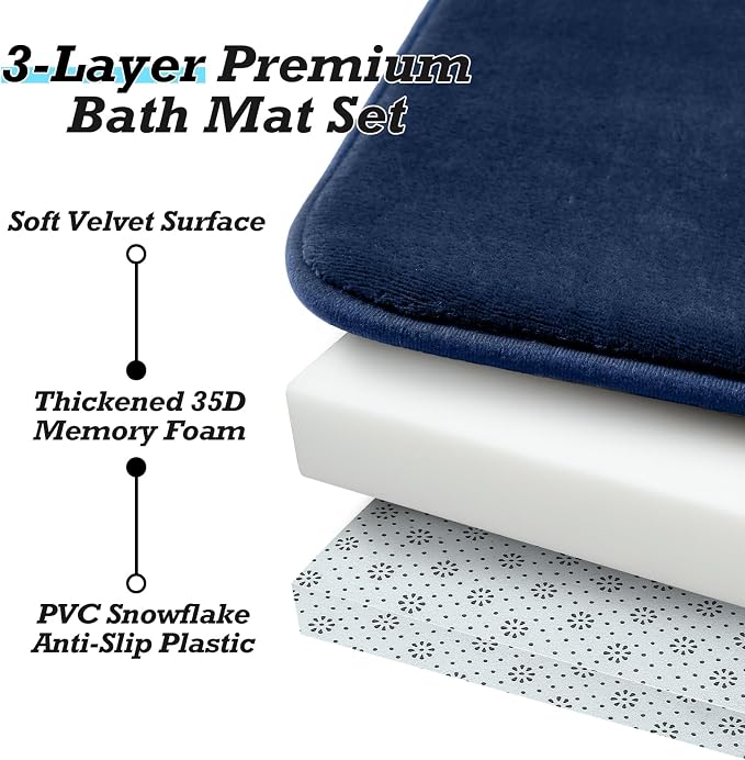 Bathroom Rugs Sets 3 Piece, Non-Slip & Quick Dry Bath Mat Set, Ultra Soft Velvet Bath Rugs for Bathroom, Toilet and Shower Floor, Navy