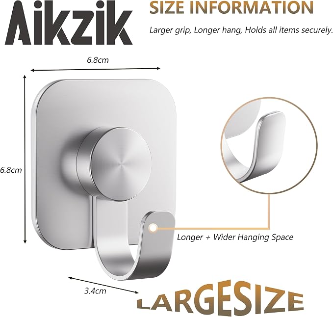 Aikzik 4 Pack Large Heavy Duty Wall Hooks - 26lb Max, Stainless Steel Adhesive Towel Hooks for Hanging Towel, Coat, Robe, Sticky Towel Holder for Wall Mount in Bathroom, Kitchen, Shower, Door - Silver