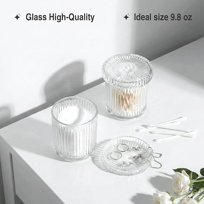 2 Pack Glass Qtip Holder Dispenser - Bathroom Organizers and Storage, Clear Apothecary Jars Set, Bathroom Essentials Accessories Decor, Vanity Makeup Storage Organizer (Clear)