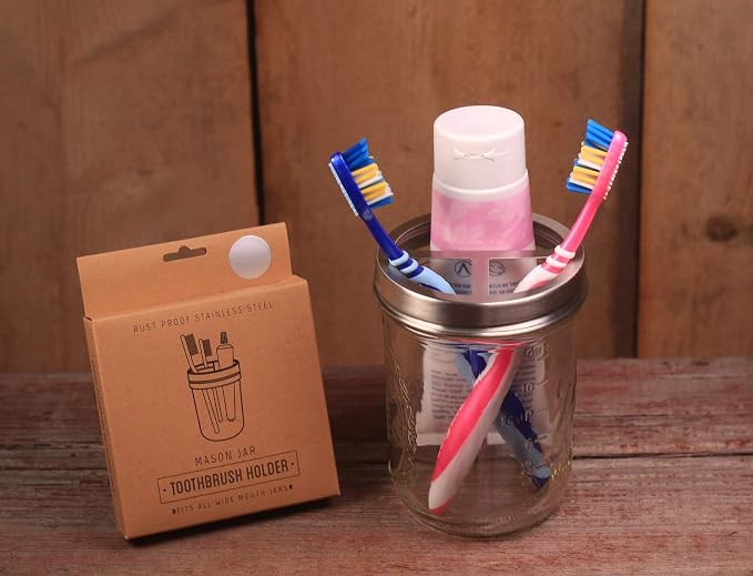 Jarmazing Products Mason Jar Toothbrush Holder - with 16 Ounce Ball Mason Jar – Made from Rust-Proof Stainless Steel - Two Pack