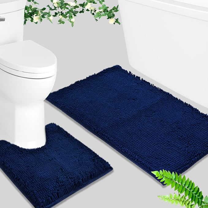 BOANKODU Bathroom Rug Sets 2 Piece, Non-Slip Soft Chenille Bath Mat, 32x20 + 20x20 Inch U Shape, Machine Washable (Navy Blue)