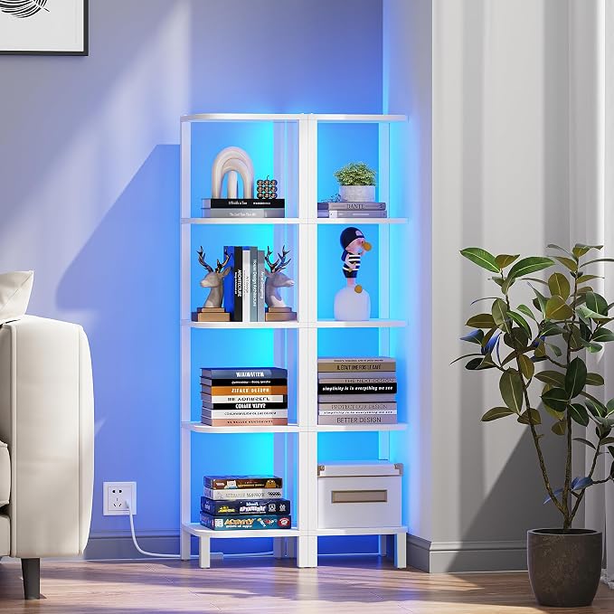 TUTOTAK Corner Shelf with LED Light, 5-Tier Corner Bookshelf for Small Space, Narrow Display Corner Shelf Stand with Storage Rack, for Living Room, Bedroom, White BS08BW005L