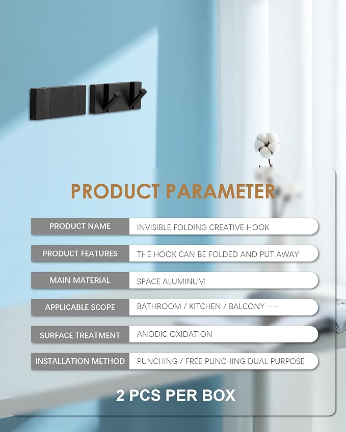 2 Pack，Waterproof Black Towel Hooks，Foldable Towel Hooks for Bathrooms，Modern Coat Hooks，Black Robe Hooks，Bathroom Modern Hooks，Free Perforated，Bathroom Towel Hooks，Towel Door Hooks，Also for Kitchen.