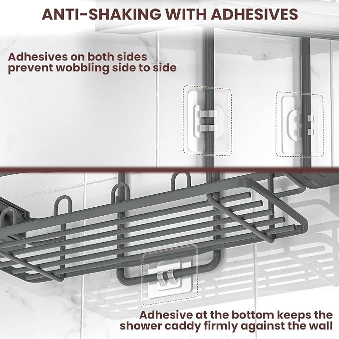 Rustproof Shower Caddy Hanging with Soap Holders for Bathroom, Grey | Shower Organizer with Multi Hooks Toothbrush Holder, No Drilling, Anti-Swing, Storage for Shampoo Conditioner Body Wash