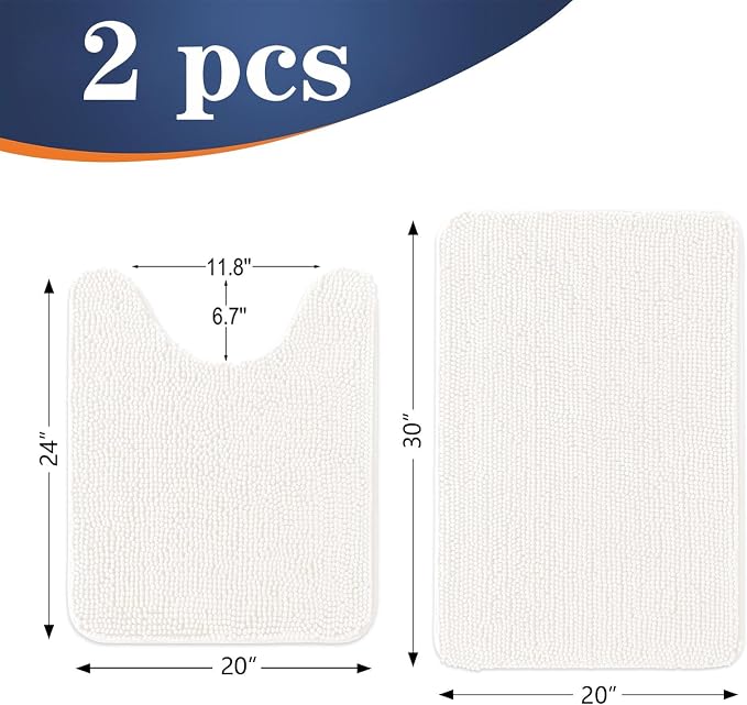 OLANLY Chenille Bathroom Rugs Mats Sets 2 Piece, 30"x20"+24"x20", Ivory | Soft Absorbent Bath Mat and U-Shaped Contour Toilet Rug Set, Quick Dry, Machine Washable Bath Carpet, Home Decor Accessories