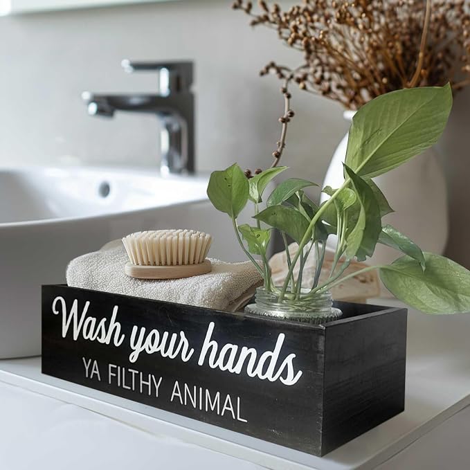 Bathroom Decor Box, Toilet Paper Basket 2 Sides Signs Farmhouse Bathroom Toilet Basket Tank Topper Rustic Farmhouse Home Decor for Livingroom Kitchen（One Black Box）