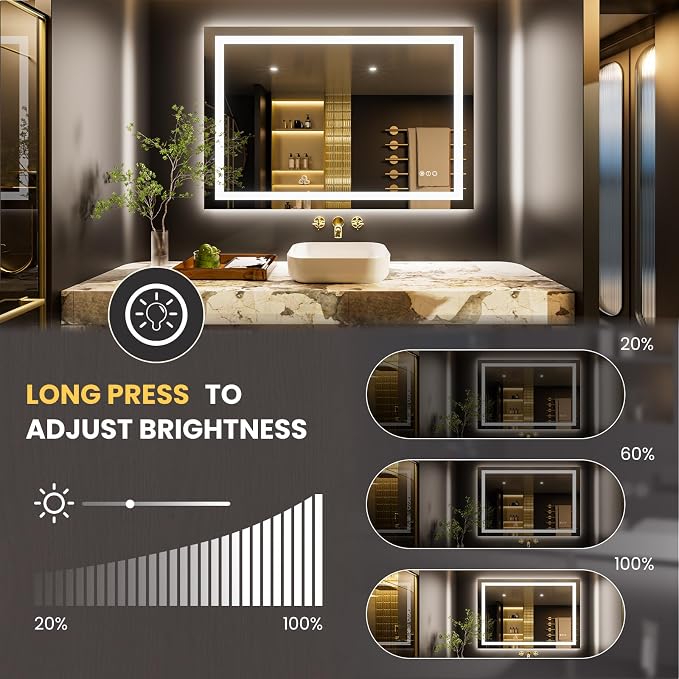 LOAAO 48"X24" LED Bathroom Mirror with Lights, UL Listed | Anti-Fog, Dimmable, 3 Color Temperature, Backlit + Front Lit, Memory Function, Tempered Glass