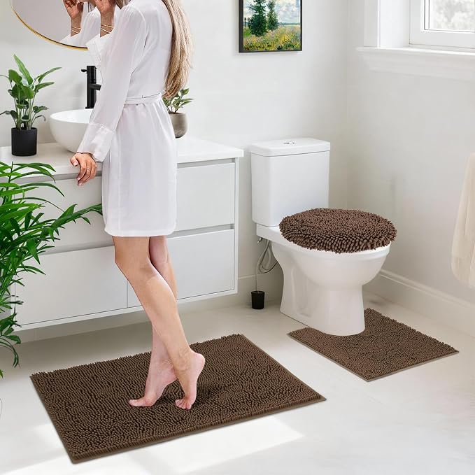 Bathroom Rugs Sets 3 Piece with Toilet Seat Cover 19.5"x 18.5" | Machine Washable Bath Rug Set with Tpr Non Slip Rubber Backing Solid Bath Mat Set for Luxury Bathroom Decoration