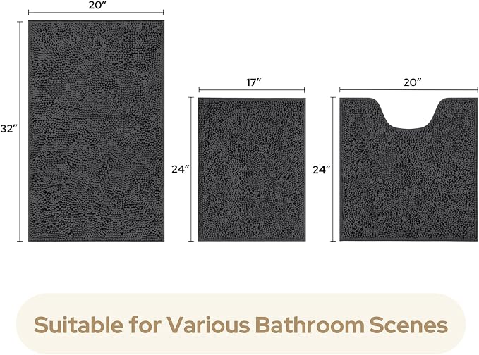 HOMEIDEAS Dark Grey Chenille Bathroom Rugs Set of 3, Non Slip Bath Mat | Super Absorbent, Soft Microfiber, Machine Washable, Stain Resistant, for Bathroom Decor