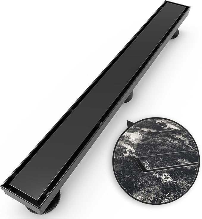 WEBANG 28 Inch Linear Shower Drain Rectangular Floor Drain with Accessories Reversible 2-in-1 Cover Tile Insert Grate Removable SUS304 Stainless Steel CUPC Certified Matte Black