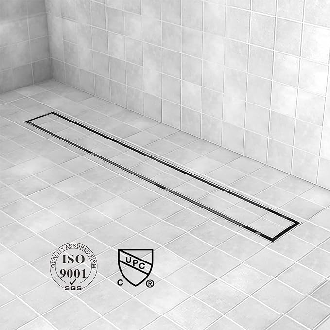 Linear Shower Drain, 32 inch Drain with Tile Insert 2-in-1 Panel, Brushed 304 Stainless Steel Shower Floor Drain, Linear Drain with Hair Strainer and Adjustable Feet