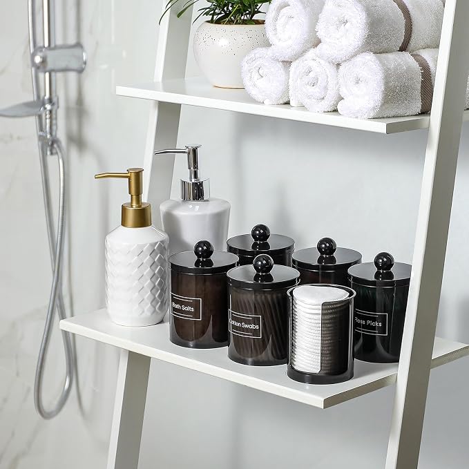 4 Pcs Acrylic Qtip Holder Dispenser for Cotton Swabs, Balls, Floss Picks | Thick, Clear Black, w/ Labels - Small Canister Apothecary Jar Set, Bathroom Decor Essentials, Shelf Vanity Storage Organizer