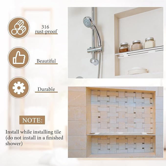 Teenyyou 1 Pcs 316 Stainless Steel Shower Niche Shelf Insert - 3mm Ultra-Thin Brushed Metal Divider for 12" Prefabricated Niches, Marine Grade Floating Shelf for Bathroom Tile Remodel & Storage