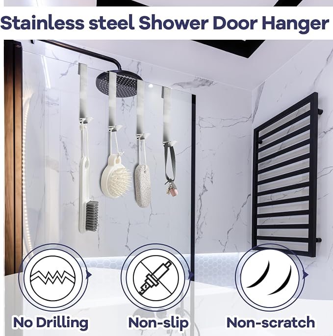 Zorfeter 7 Inch Extended Over Shower Door Hook, Stainless Steel Heavy Duty Shower Hooks Drilling-Free Towel Hooks for Bathroom Frameless Glass Shower Door - 3 Packs