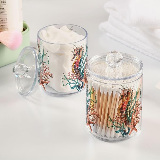 4 Pack Qtip Holder Dispenser Seahorse Starfish Watercolor Ocean Cotton Ball Cotton Swab Cotton Round Pads Floss Clear Bathroom Storage Containers Plastic Apothecary Jars with Lids