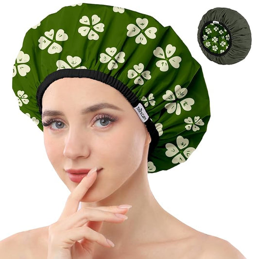 Years calm Shower Caps for Women Reusable Waterproof Double Layer Hair Cap | Both Sides Usable, Reversible Pattern & Solid Color Design, Soft Elastic Keeps Hair Dry for shower Spa Travel