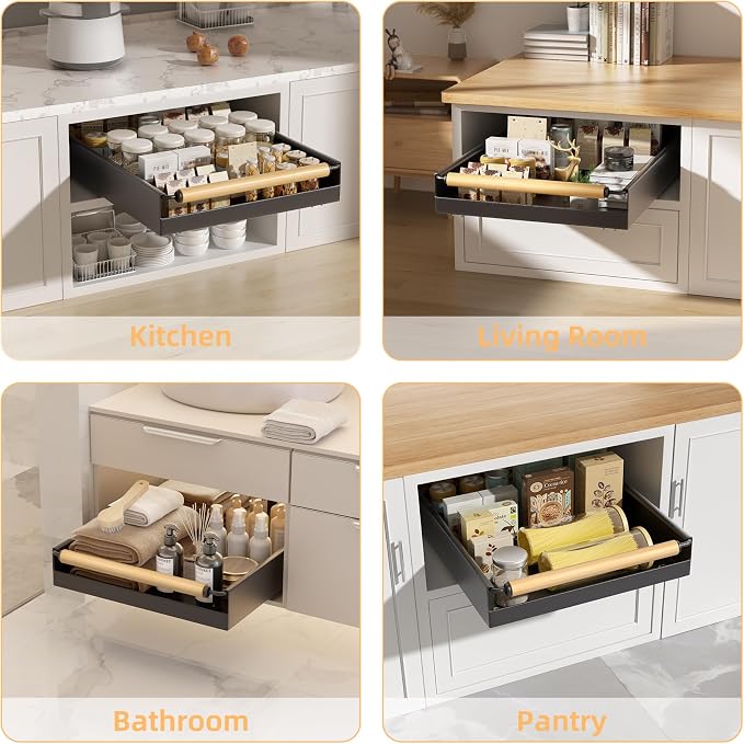 Pull Out Cabinet Organizer, 15.3'' Deep Expandable Slide Out Cabinet Organizer Fixed with Adhesive Nano Film, Slide Out Drawers Pull Out Tray for Cabinet in Kitchen, Pantry, Bathroom, Black