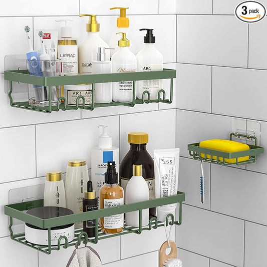 Moforoco 3-Pack Shower Caddy Basket Shelf with Soap Holder, No Drilling Traceless Adhesive Shower Wall Shelves, Rustproof Black Bathroom Shower Storage Organizer