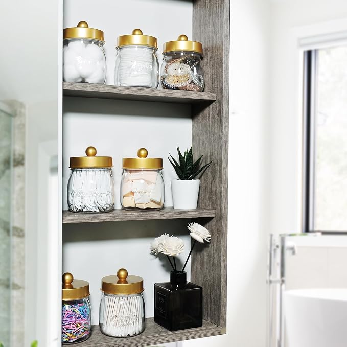 SheeChung 4 Pack Acrylic Mason Jar Qtip Holder Dispenser with Labels, Gold | Small Plastic Apothecary Jars,Vanity Canisters for Cotton Swabs,Balls,Floss Picks,Bathroom Storage Organizers,Farmhouse Decor