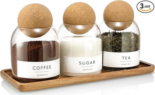 3 Pack Glass Jars with Cork Ball Lids, 17oz Tea Coffee Sugar Container Set | Decorative Coffee and Sugar Jars, Glass Coffee Bar Containers with Acacia Tray, Small Glass Storage Jars, Sugar Holder