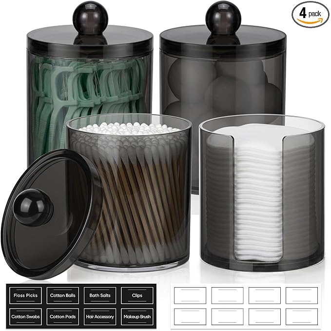 4 Pcs Acrylic Qtip Holder Dispenser for Cotton Swabs, Balls, Floss Picks | Thick, Clear Black, w/ Labels - Small Canister Apothecary Jar Set, Bathroom Decor Essentials, Shelf Vanity Storage Organizer