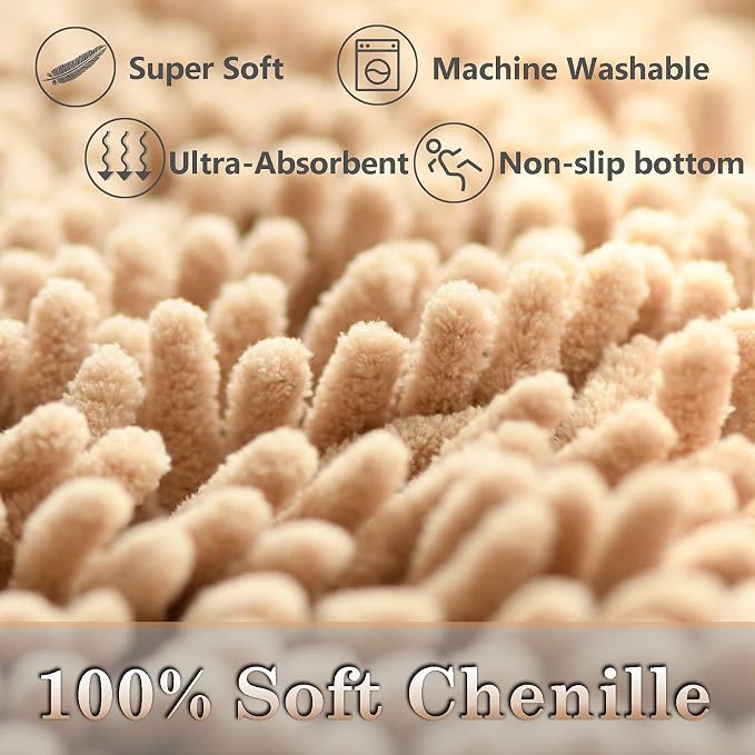 RUN HELIX Beige Bathroom Rug Mat Set, Extra Thick and Absorbent Bath Rugs, Non-Slip, Chenille Soft Plush Shaggy, Washable, for Bathroom, Bedroom, 24x16+20x32 Inch