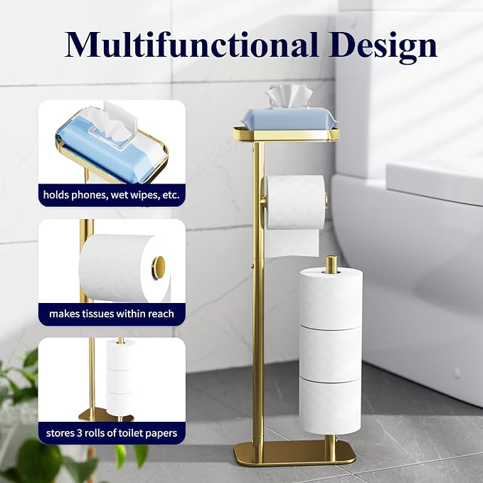 Kitsure Metal Toilet Paper Holder Free Standing, Medium, Chrome Gold | Rustproof Toilet Paper Stand for 4 Rolls, Bathroom Organizers and Storage with Anti-Slip Base and Plastic Shelf
