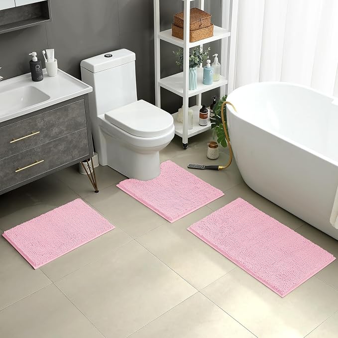 HOMEIDEAS Light Pink Chenille Bathroom Rugs Set of 3, Non Slip Bath Mat | Super Absorbent, Soft Microfiber, Machine Washable, Stain Resistant, for Bathroom Decor