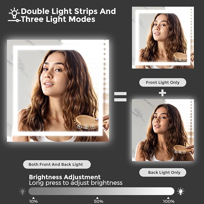 Koonmi 32x32 LED Bathroom Mirror with Light, Anti-Fog, 3 Colors | Backlit + Front Lit, Dimmable Brightness, Shatterproof HD Distortion-Free Tempered Glass, Hardware Included