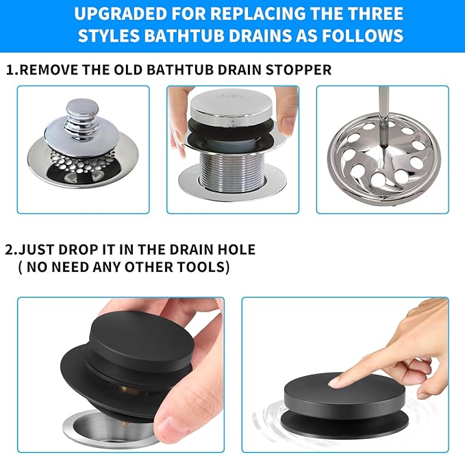Bathtub Drain Stopper, Tub Plug for 1.5"-1.72" Regular Drains | Universal Pop Up Tub Stopper Replacement for Tip Toe/Trip Lever/Lift&Turn Tub Drains, 3 O-Rings, Black
