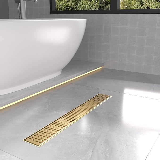 Linear Shower Drain | 28 Inch AISI 304 Stainless Steel Shower Drain, Brushed Gold Linear Drain with Removable Quadrato Grate Cover & Adjustable Feet, Rectangle Floor Drain, in Bathroom Balcony etc
