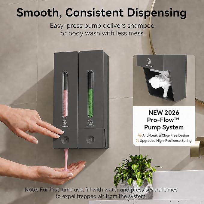 Shampoo and Conditioner Dispenser - Wall-Mounted 3-Chamber Shower Soap Dispenser, No-Drill, 1200ML Capacity, for Bathroom & Hotel