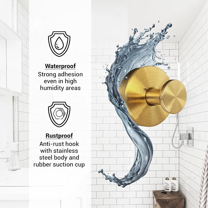 Suction Cup Hooks for Shower - 2 Pack, Gold - Stainless Steel, Strong Suction, No Drill, Removable Hanger, Tile Bathroom Kitchen Wall, Glass Door, Mirror Hook Hanging Robe, Towel Holder