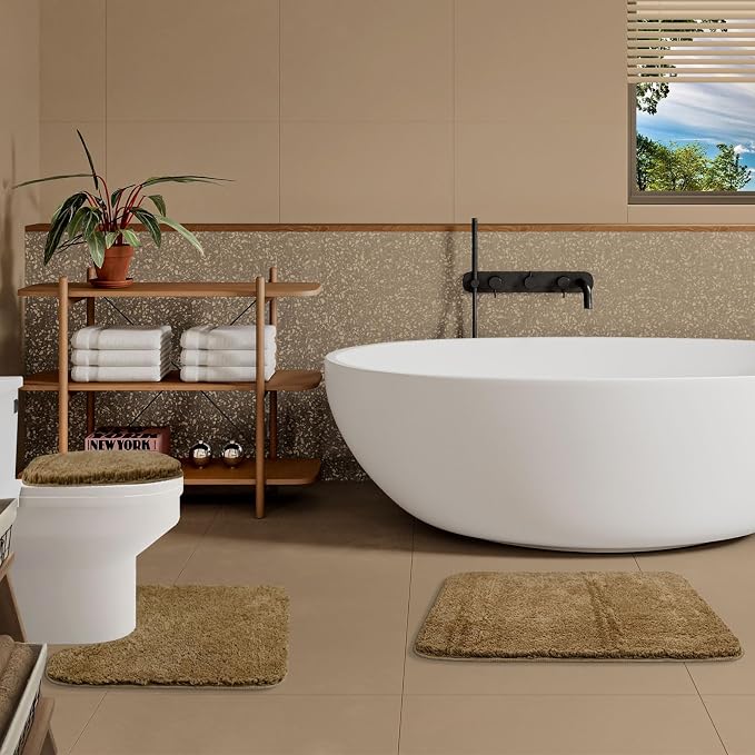 Bathroom Rugs Sets 3 Piece with Toilet Seat Cover 17.5"x 15" | Machine Washable Bath Rug Set with Tpr Non Slip Rubber Backing Solid Bath Mat Set for Luxury Bathroom Decoration
