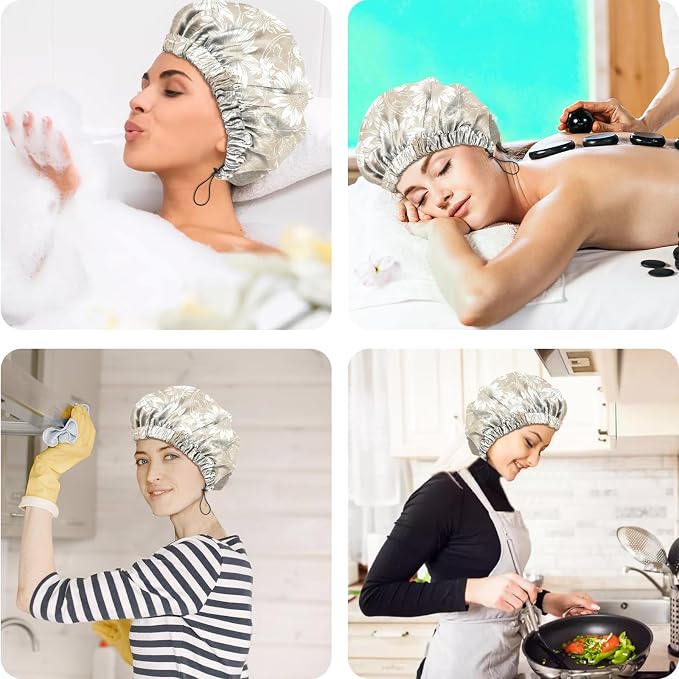 2 PCS Shower Cap Reusable Waterproof Double Layers Hair Caps Shower Bath Adjustable Elastic Hat for Women Girls Cute Aesthetic-Sunflower