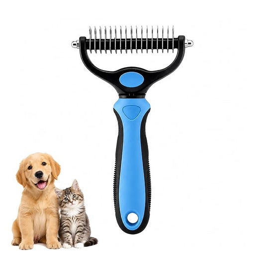 2-in-1 Double-Sided Pet Grooming Comb for Dogs & Cats - Deshedding Brush & Rounded-Tooth Dematting Tool | Painlessly Removes Knots, Tangles, Loose Undercoat & Fur in Thick/Long Coats (Blue-Large)