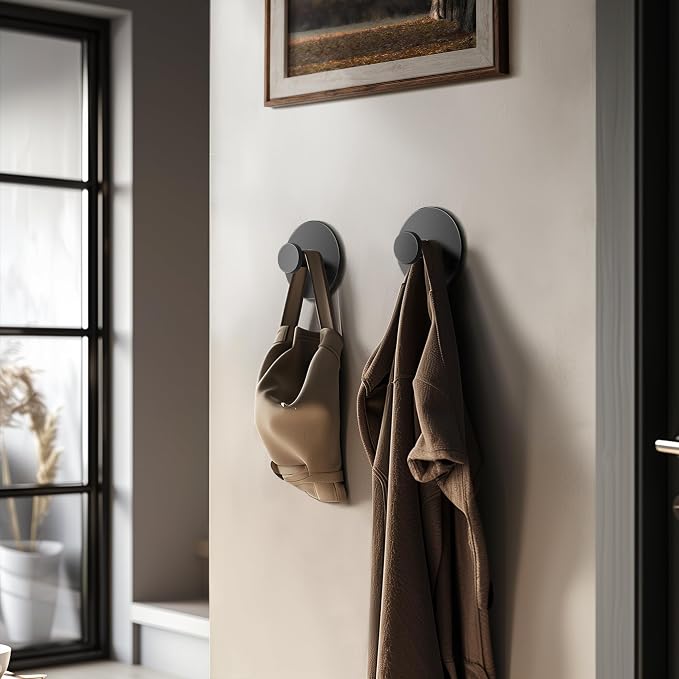 bussdis Multifunctional Towel Hooks for Bathroom Wall - Extra Sticky Stainless, Holds up to 12LB, Coat Hooks Wall Hooks, Adhesive Door Holder Hanger Shower Accessories, Matt Black Heavy Duty